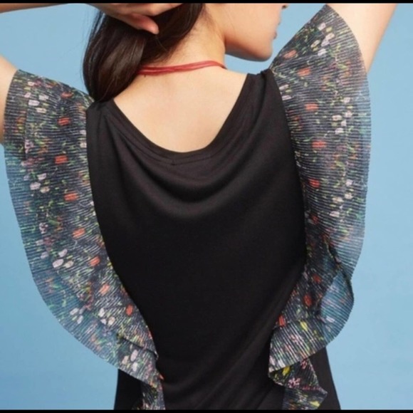 Anthropologie Tops - Anthropologie Indak Ruffle metallic floral flowy fairy Top Black vanessa M new